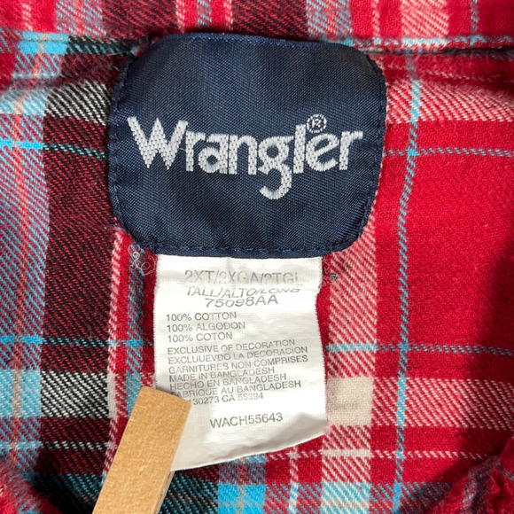 Vintage Wrangler Western Shirt Adult XXL Red Blue Plaid Flannel Pearl Snap Y2K - Picture 7 of 9